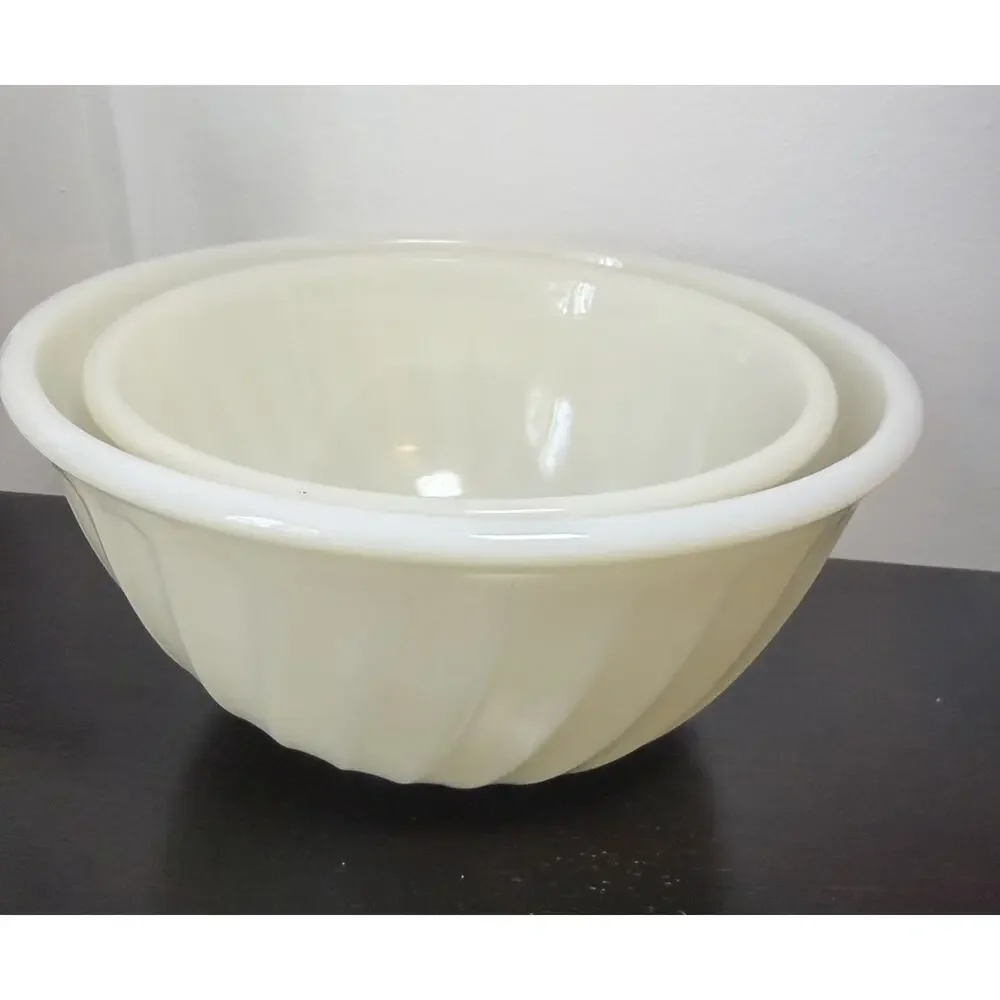 2 Vintage 1950's Anchor Hocking Fire King White Milk Glass Swirl Mixing Bowls
